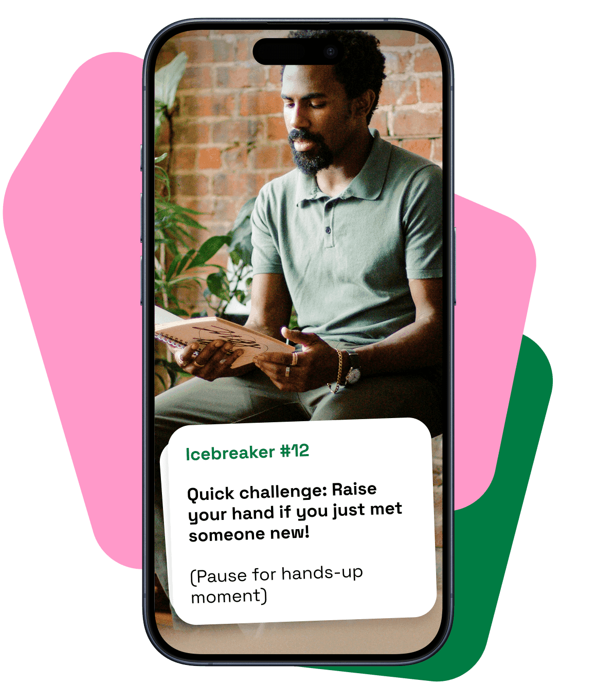Phone mockup showing icebreaker challenge